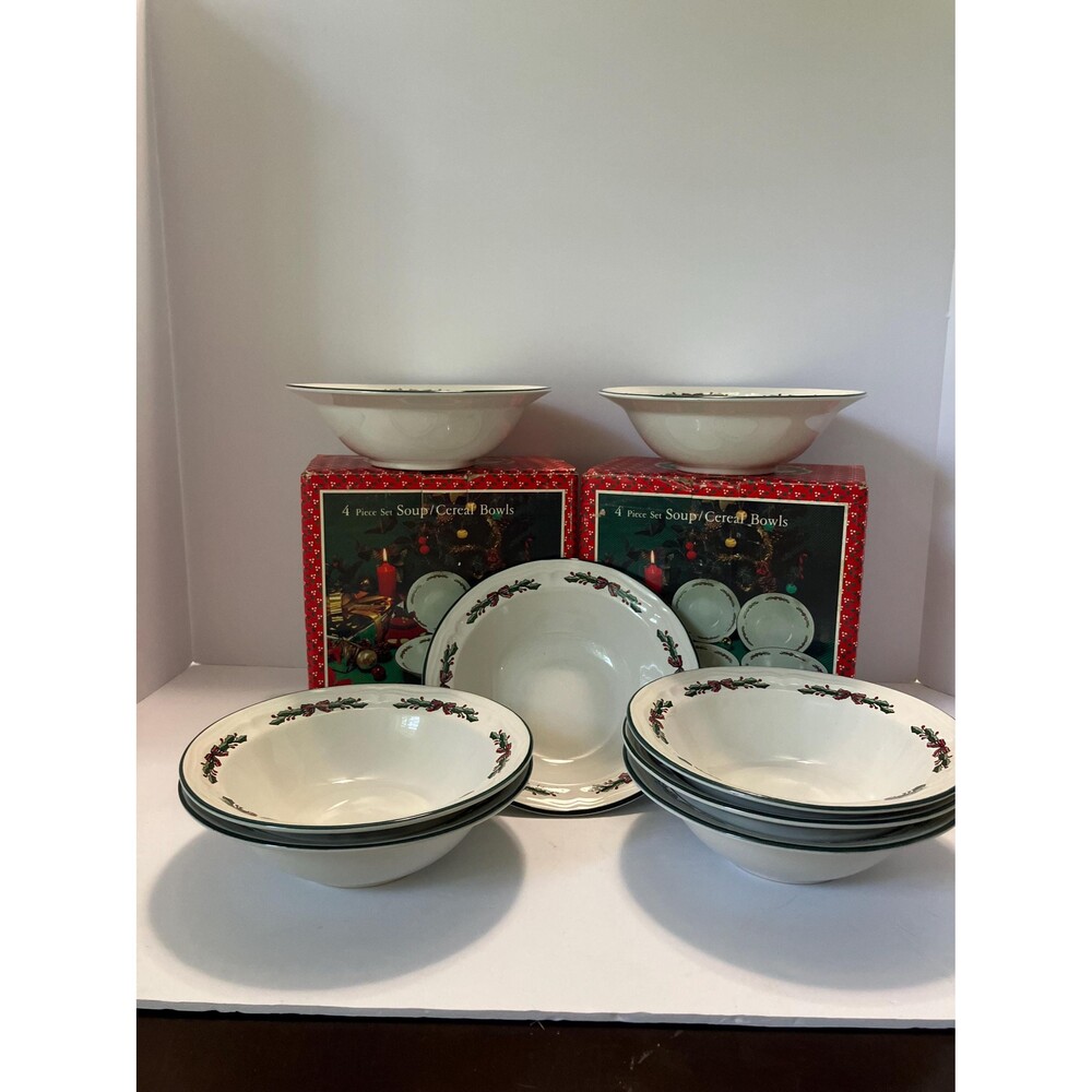 Vintage Holly Lace Soup Bowls Set | Christmas Dinnerware, Cottage Table Decor